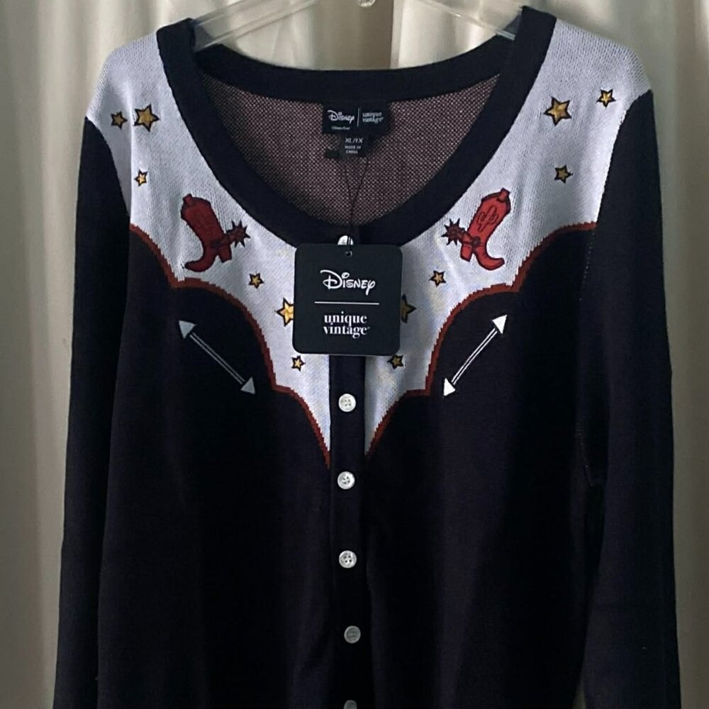 NWT Disney/Unique Vintage Sweater Women's XL/1X Black Cowboy Boots/Stars Design